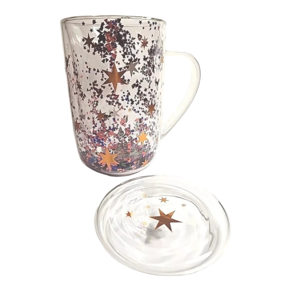 New In Box DavidsTea Nordic Festive Christmas Glass Mug Lid Accent Star Confetti